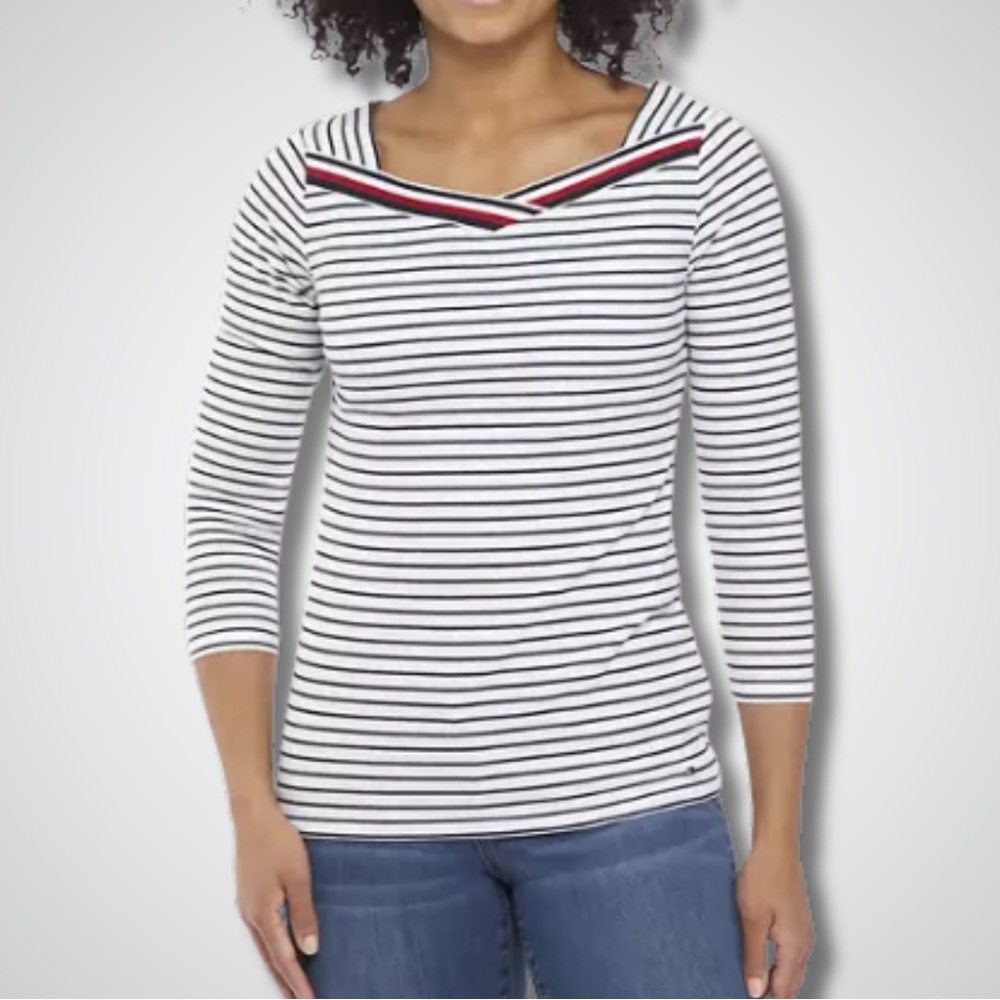 ⚓ Tommy Hilfiger Striped V-Neck Top | Size S | 3/4 Sleeves | EUC